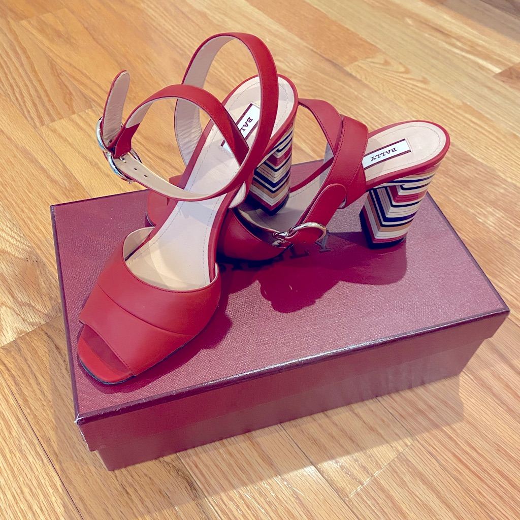 Bally Sandals Italy 37 Us 7 Red Leather Ankle Strap High Striped Block Heels